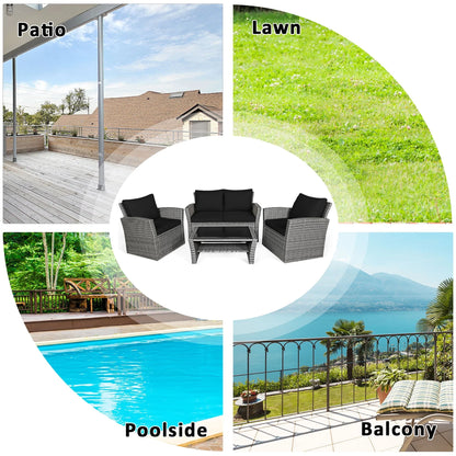 Costway 4PCS Patio Rattan Furniture Set Sofa Table Storage Shelf Black Cushion