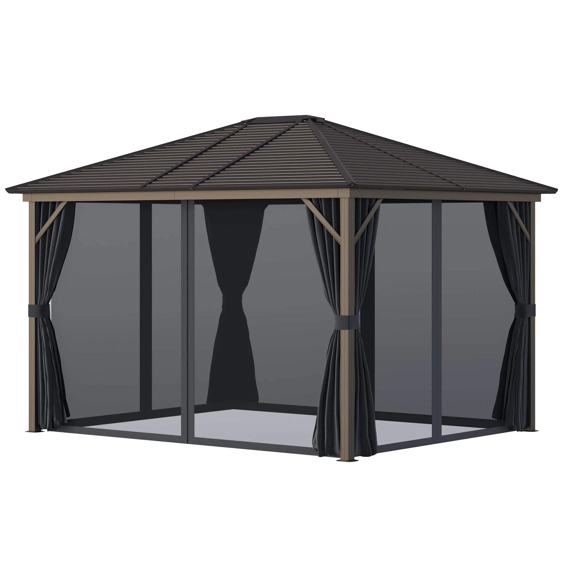 Outsunny 10' x 12' Hardtop Gazebo with Curtains and Netting, Permanent Pavilion Metal Single Roof Gazebo Canopy with Aluminum Frame and Hooks, for Garden, Patio, Backyard, Dark Gray