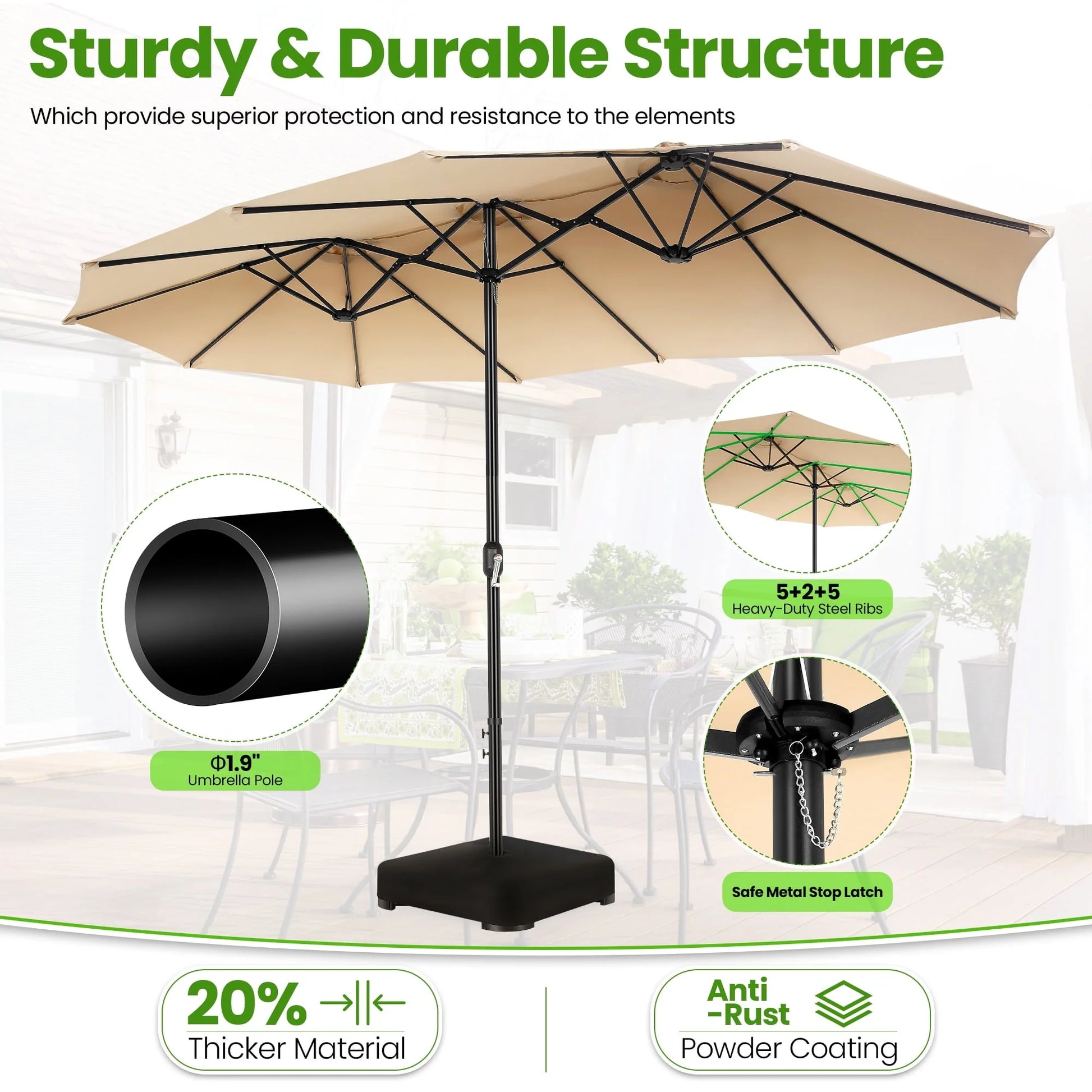 VIBESPARK 15ft Double-Sided Patio Umbrella with Base Extra Large Outdoor Table Umbrella Market Umbrella Beige