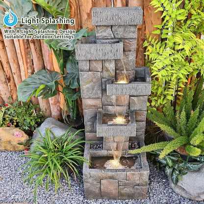 44.5 Inches Modern Fountain 4 Tired Floor Standing Outdoor Fountain with Lights Pump for Garden Patio Backyard Porch Home Art Decor