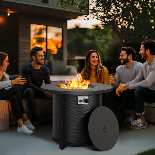 Nuu Garden Outdoor Metal 30'' Round Propane Fire Pit Table with Rattan Embossed Pattern, CSA-Certified 2 in 1 Round Gas Fire Pit Table with Lid & Lava Rocks, Patio Round Gas Fire Pit, Black