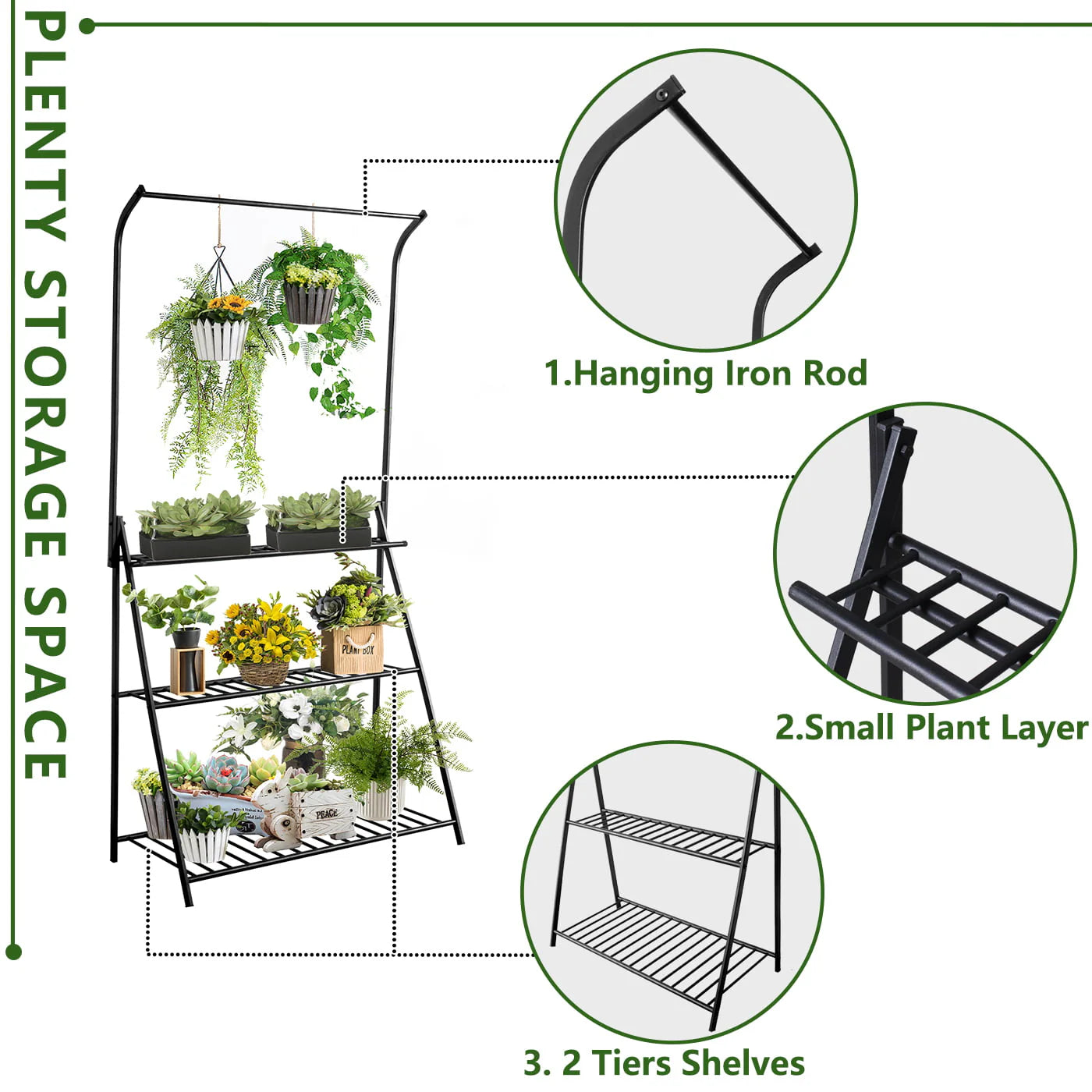 Plant Stand Indoor, 3-Tier Tall Plant Stand with Hanging Top Bar, Metal Plant Stand for indoor Plants Multiple, Plant Shelf for Outdoor Flower Pot Display Home Garden Balcony Patio Office