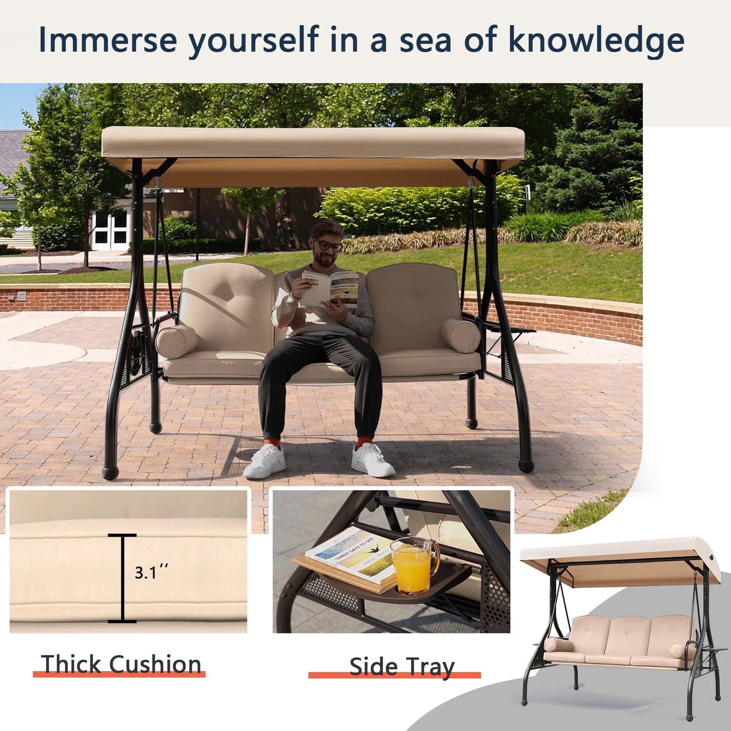 NOBLEMOOD 3-Seat Patio Porch Swing with Adjustable Canopy, Thickened Cushion & Foldable Tray, Red