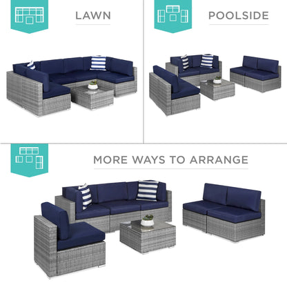 Best Choice Products 7-Piece Modular Outdoor Wicker Patio Conversation Furniture Set Sectional Sofa - Gray/Navy