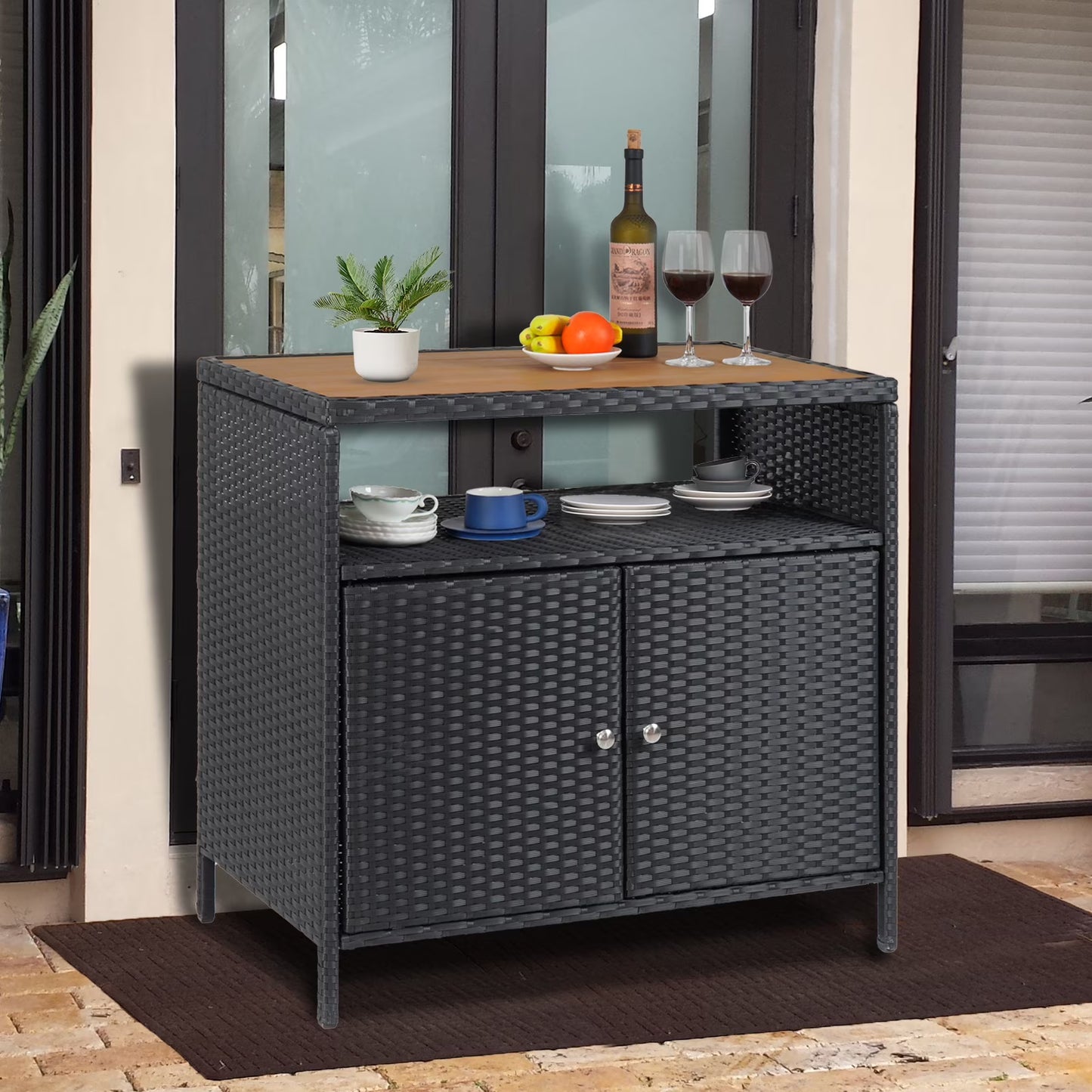 Faitaliicy Outdoor Wicker Rattan Storage Cabinet With Shelf Powder Coated Steel Patio Storage Box Bar Table With 2-Door Outdoor Freestanding Storage Unit For Patio Pool Garden Indoor Kitchen