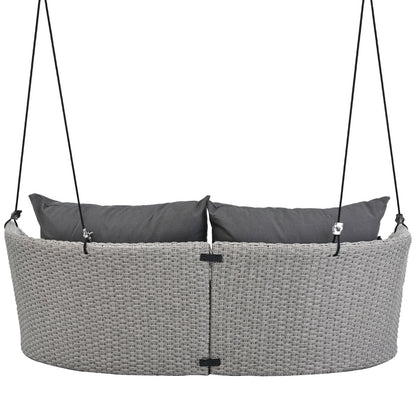 2-Person Porch Swing, 51.9" Patio Swing, Rattan Woven Porch Swings Outdoor with Ropes, Gray Wicker and 2 Back Cushions Capacity 500lbs for Garden, Balcony, Living Room