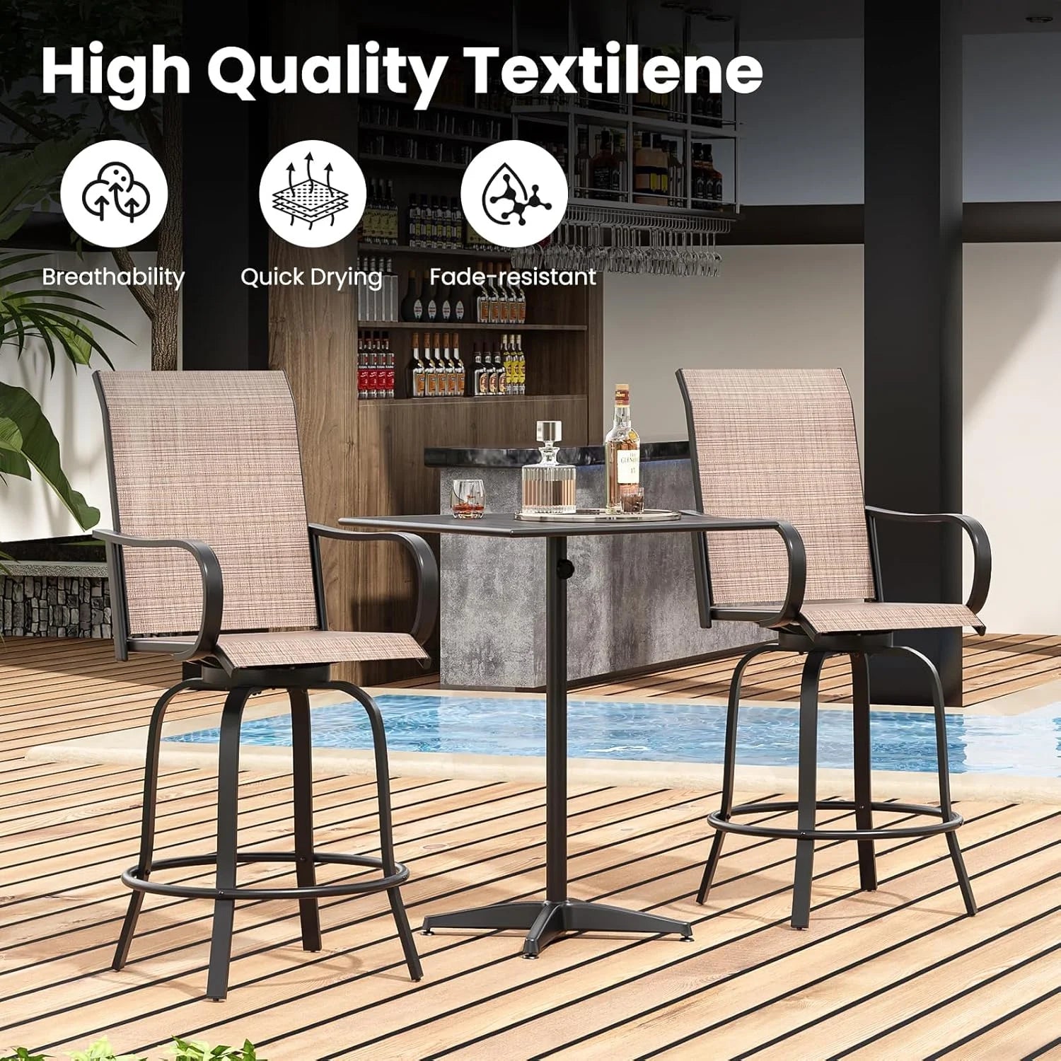 Farini Outdoor Bar Stools Set of 2, 360° Swivel Patio Barstools with Textile Fabric,Ergonomic Comfort Bar Height Tall Outdoor Stools for Balcony,Brown