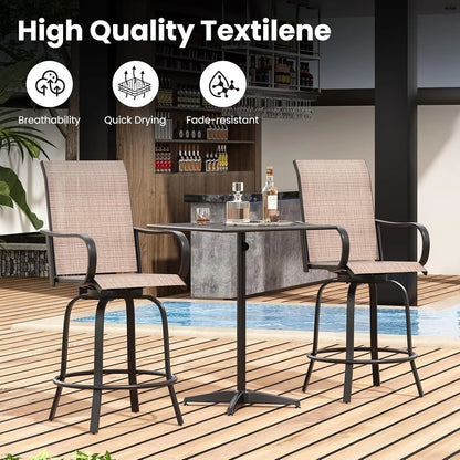 Farini Outdoor Bar Stools Set of 2, 360° Swivel Patio Barstools with Textile Fabric,Ergonomic Comfort Bar Height Tall Outdoor Stools for Balcony,Brown