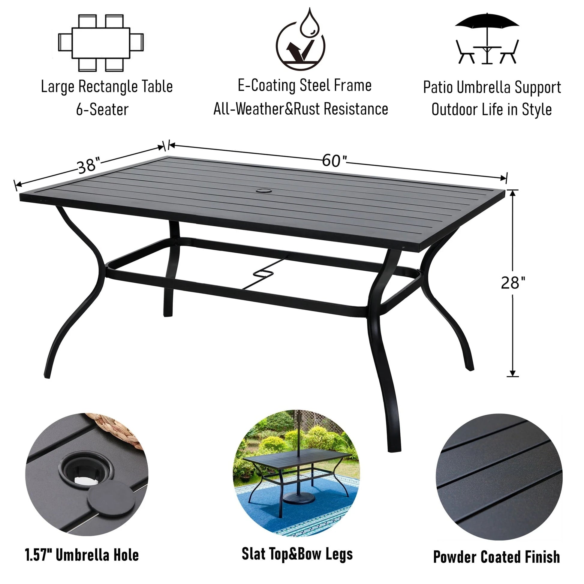 MF Studio 7-Piece Outdoor Dining Set Metal Patio Furniture with 6 PCS Cushioned Armchairs& 1 PC Rectangle Table, Black