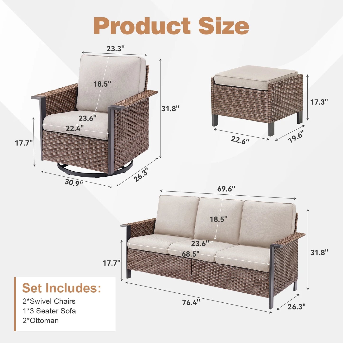 Opohoro 5-Piece Outdoor Conversation Set with Wide Armrest Patio Sofa, Ottomans and Swivel Rocking Chairs for Porch Garden