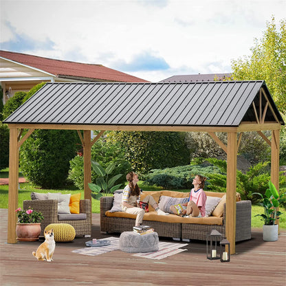 Mondawe 12x20ft Hardtop Gazebo, Galvanized Steel Gable Roof Gazebo Pergola with Wood Grain Aluminum Frame, Outdoor Permanent Gazebo Pavilion for Patio, Garden (Yellow Brown)