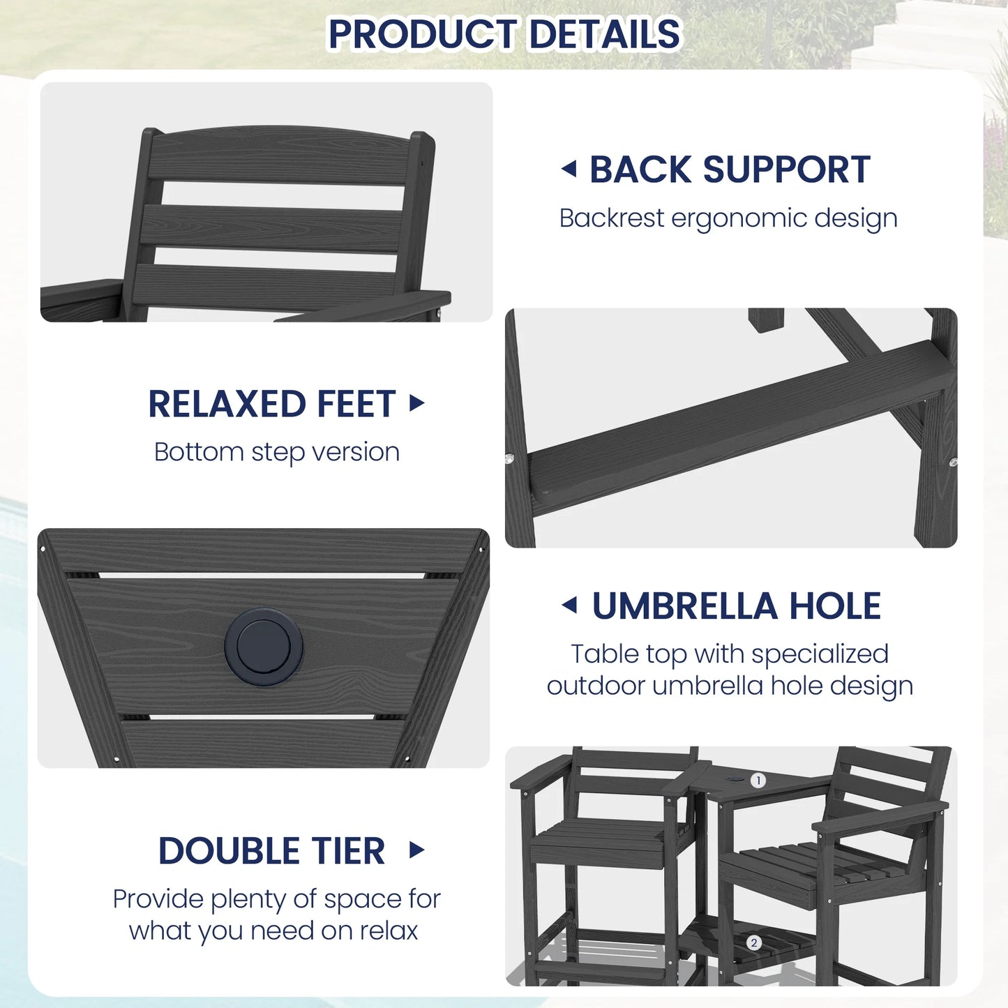 JUSTLET Tall Adirondack Chair Set of 2 with Double Connecting Tray, HDPE Weather Resistant Patio Bar Stools, Grey