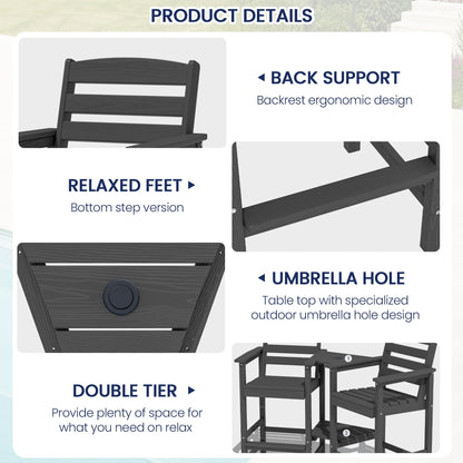 JUSTLET Tall Adirondack Chair Set of 2 with Double Connecting Tray, HDPE Weather Resistant Patio Bar Stools, Grey