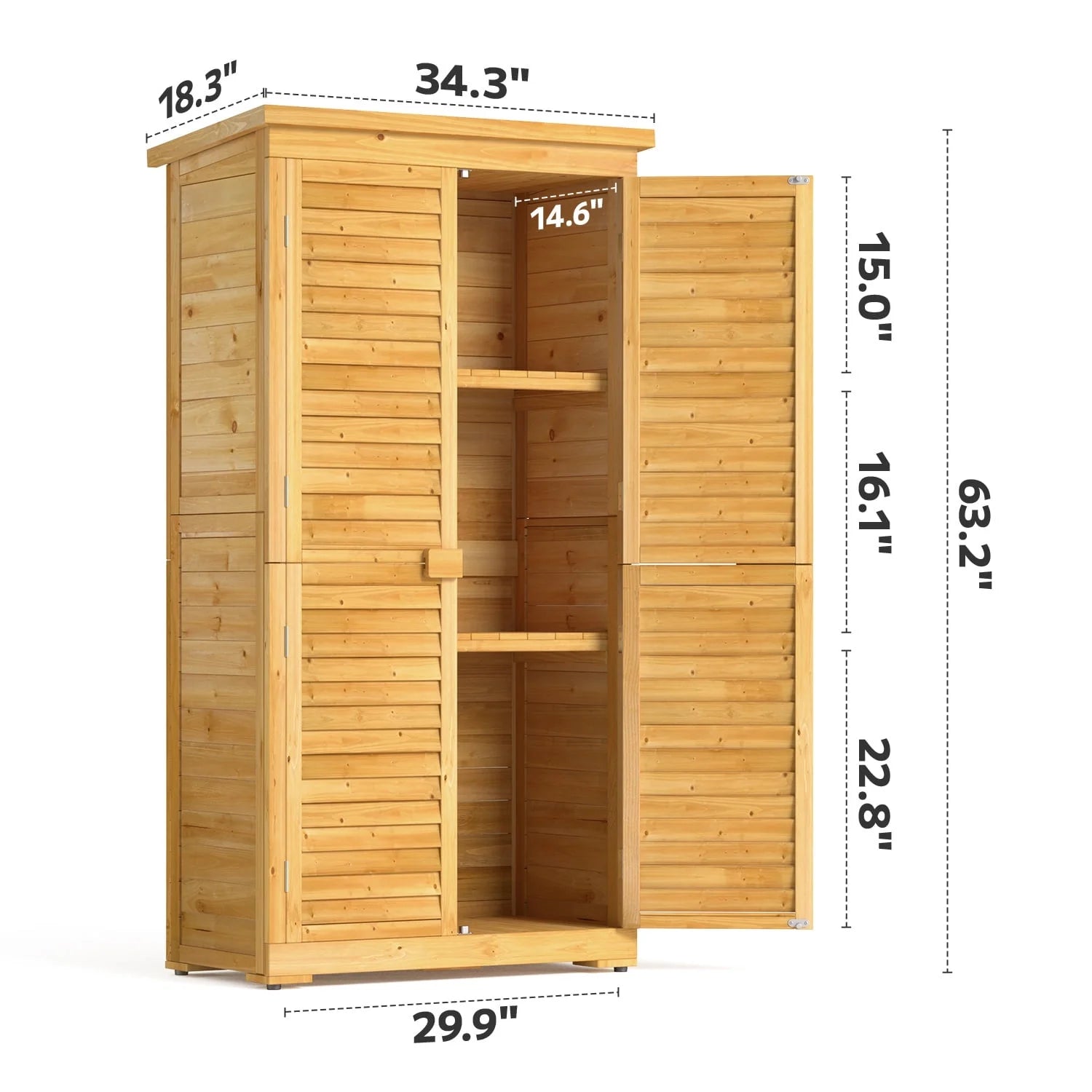 Asofer Outdoor Storage Cabinet, Garden Tool Shed with Removable Shelves & Asphalt Roof for Lawn, Patio, Natural