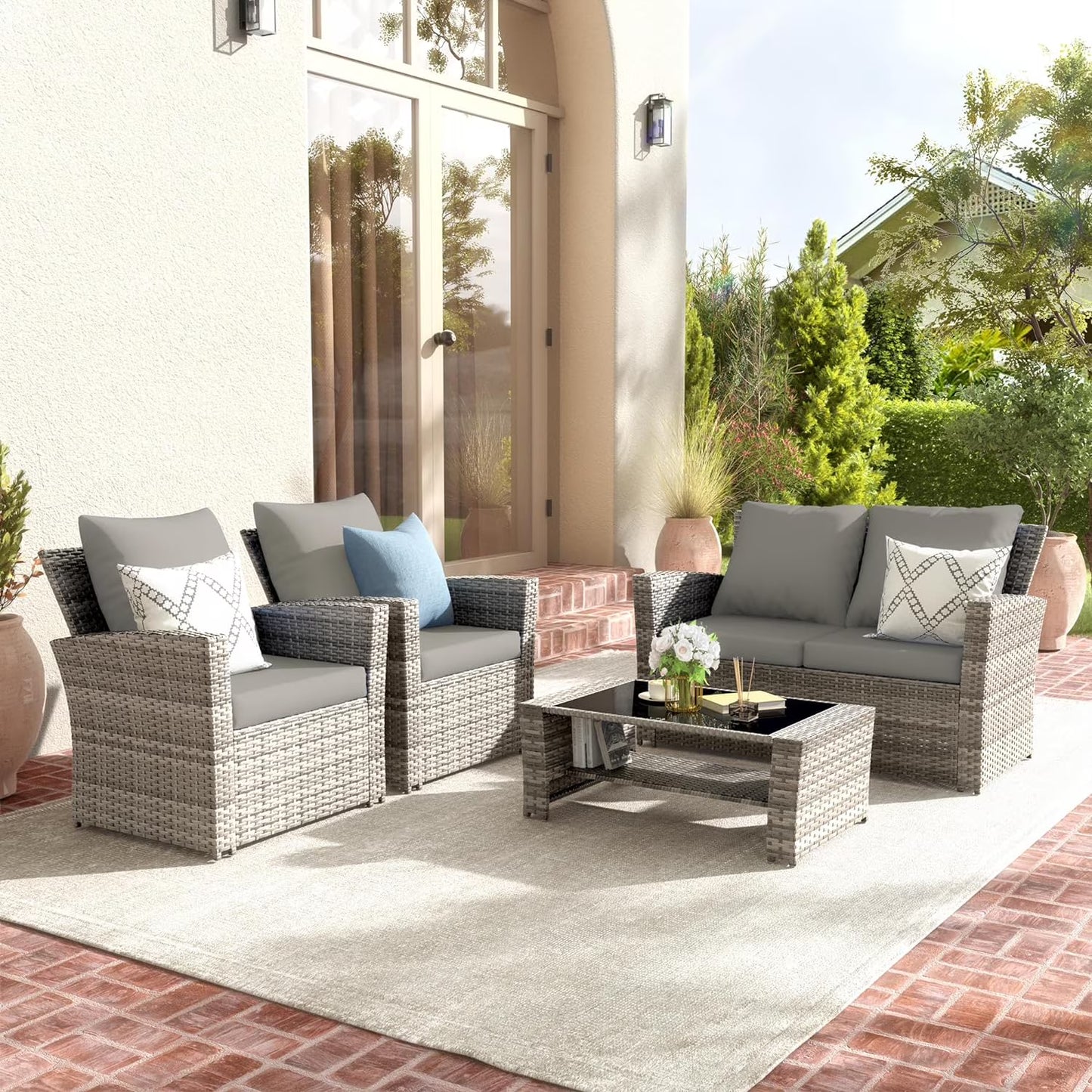 Poteban Wicker Patio Furniture Set, 4 Piece Outdoor Sectional Conversation Sets, Gray PE Rattan Patio Sofa Set for Balcony, Porch, Backyard, Grey