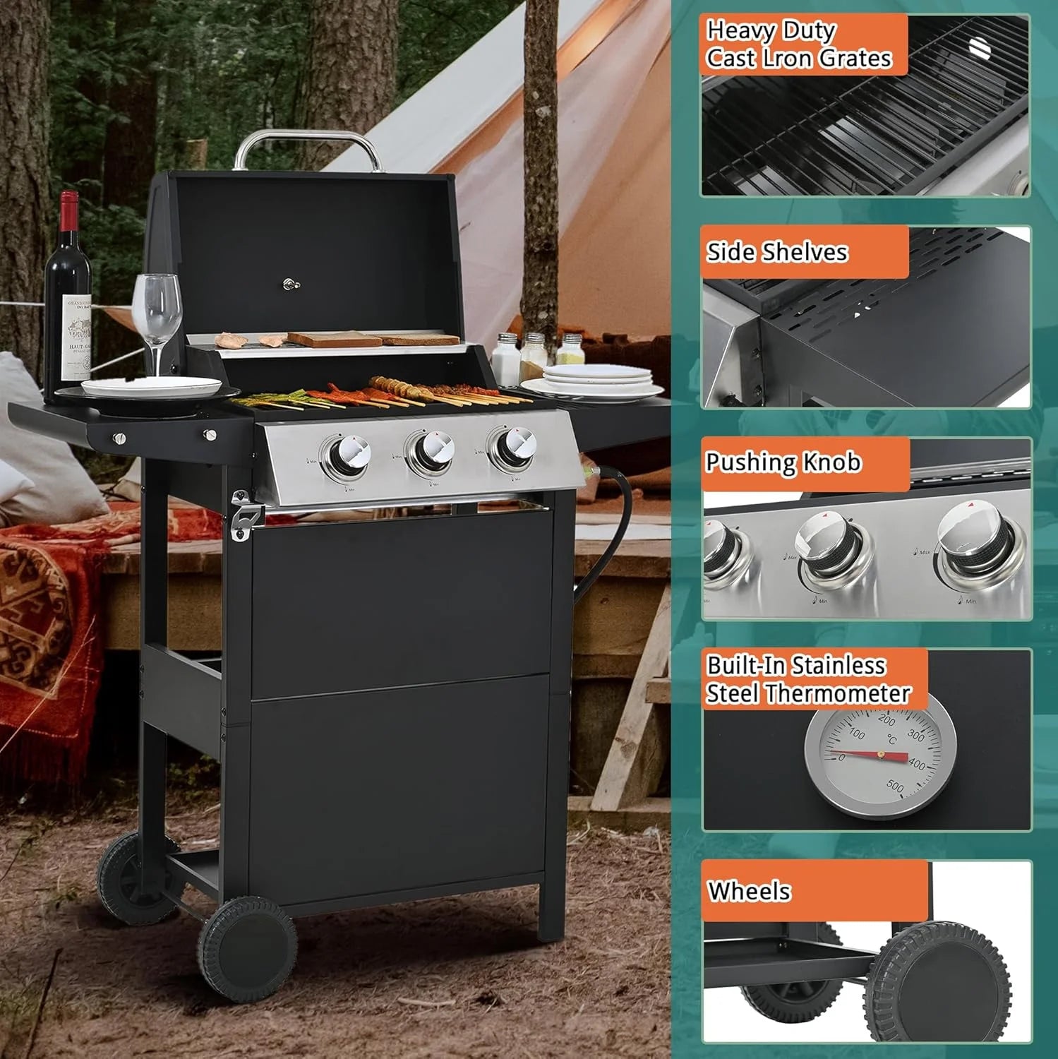 Highsound 3 Burner BBQ Propane Gas Grill, Stainless Steel 25650 BTU Patio Garden Barbecue Grill with Thermometer, Black