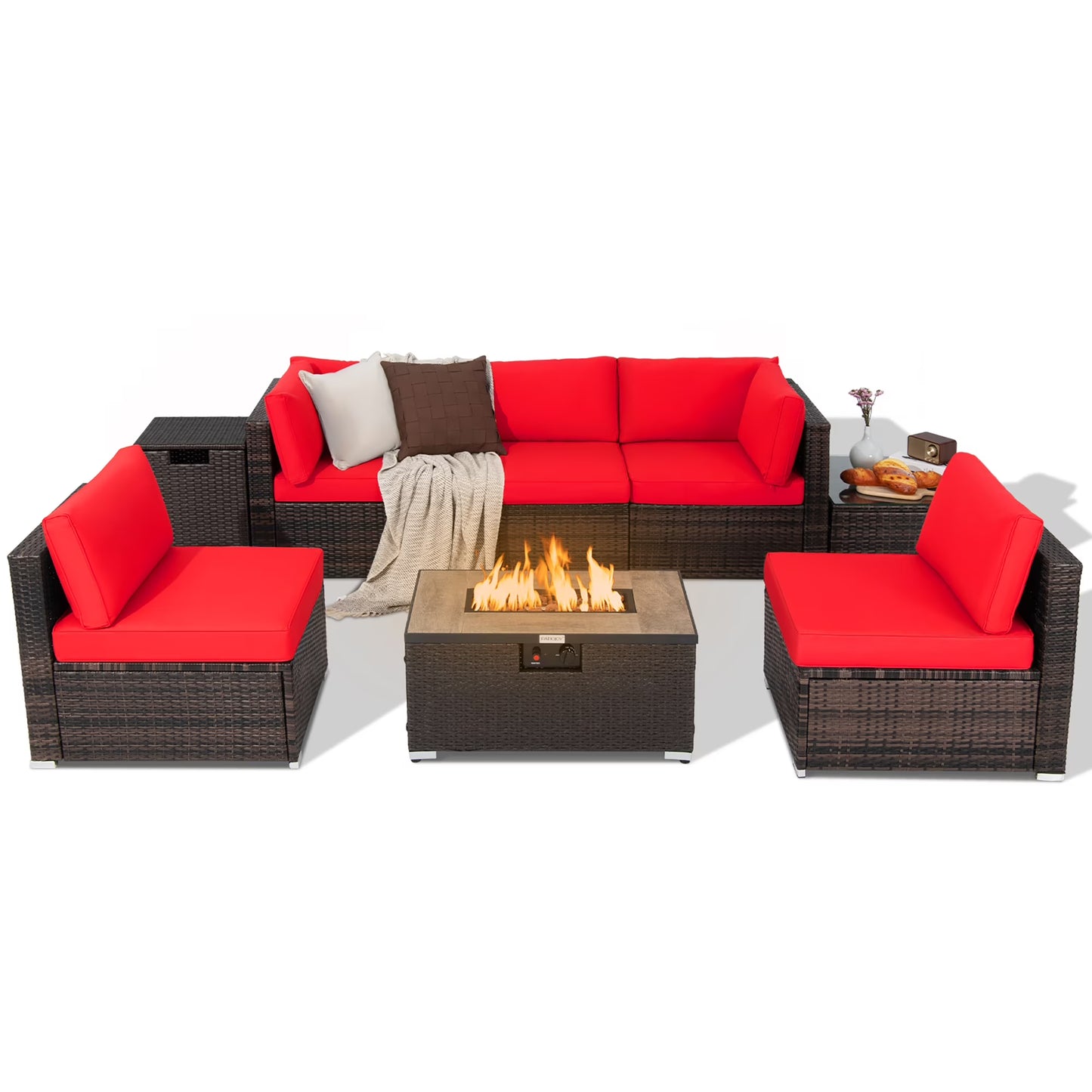 Costway 8PCS Patio Rattan Furniture Set Fire Pit Table Tank Holder Cover Deck Black