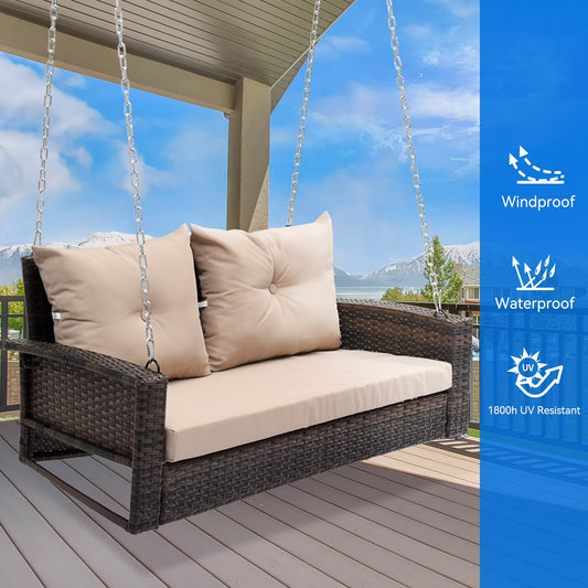 Uforic Dual Occupancy Outdoor Swing Chair, Elegant Black Rattan Patio Lounge with Beige Cushions and a Sturdy 770lbs Capacity for Garden, Balcony, or Living Room