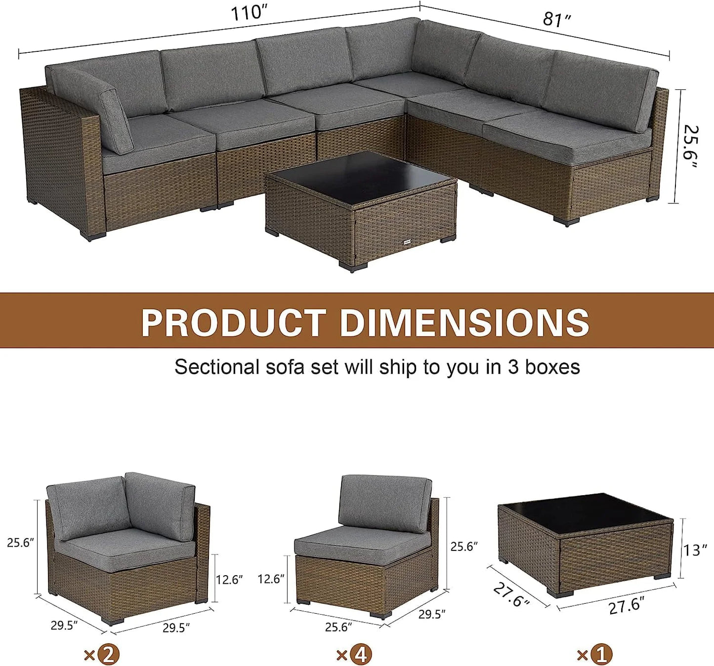 Kinbor 7pcs Outdoor Patio Rattan Wicker Furniture Sectional Sofa Set with Gray Cushions