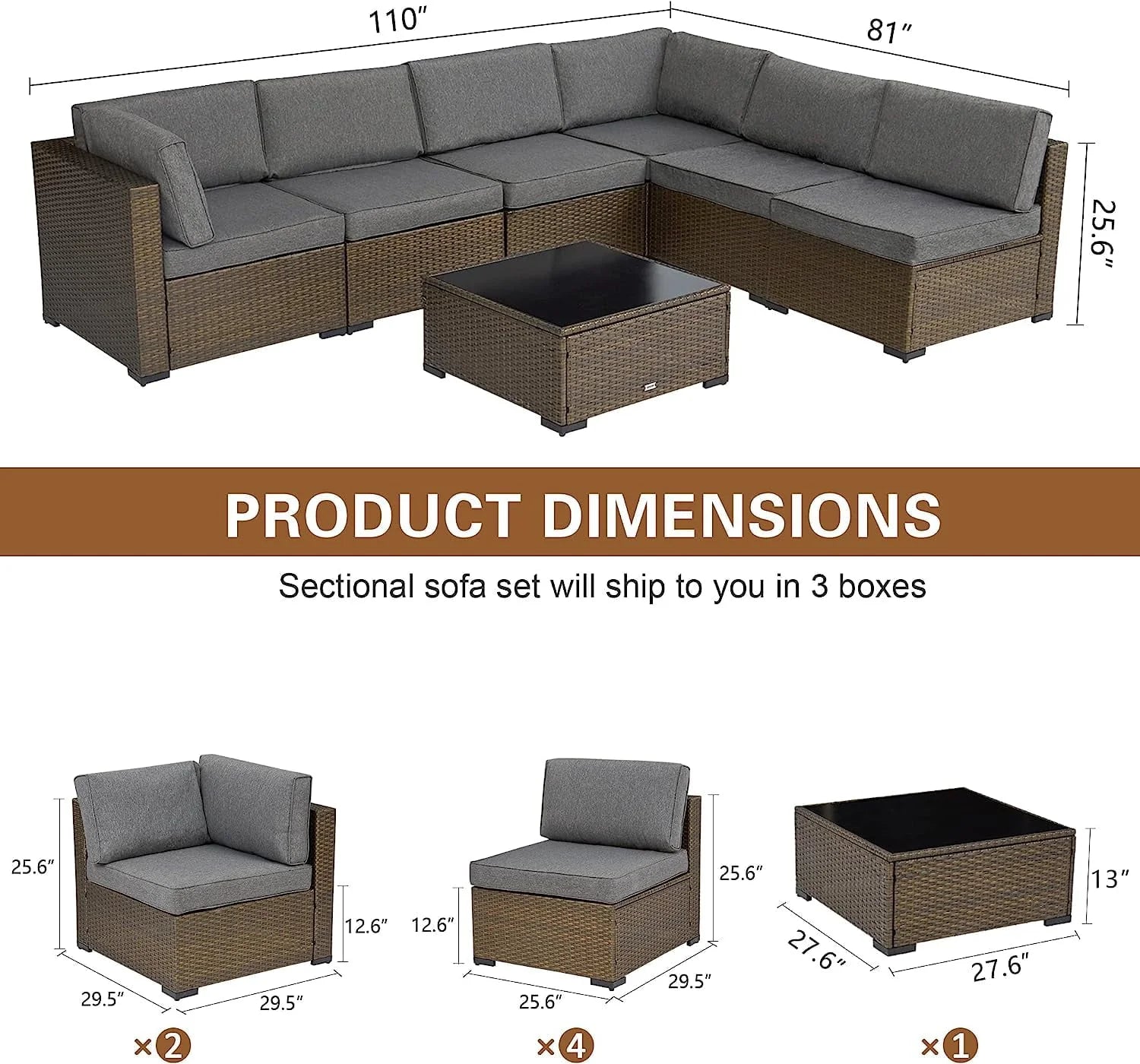 Kinbor 7pcs Outdoor Patio Rattan Wicker Furniture Sectional Sofa Set with Gray Cushions