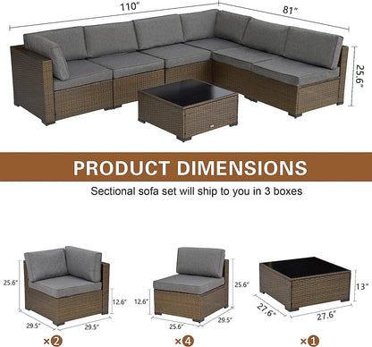 Kinbor 7pcs Outdoor Patio Rattan Wicker Furniture Sectional Sofa Set with Gray Cushions