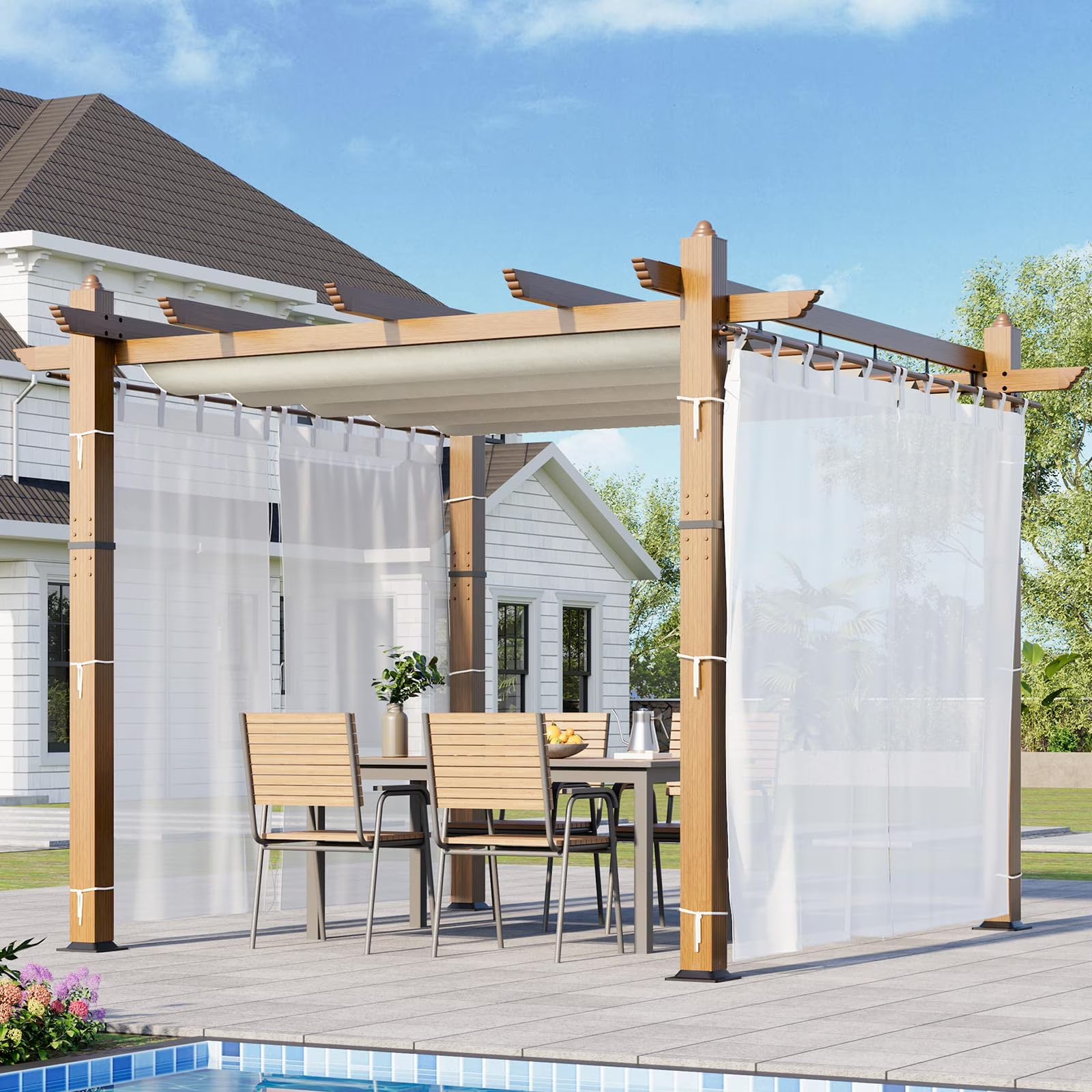 Luku 10 x 13 Ft Wood-Grain Aluminum Pergola Outdoor Pergola with Retractable Canopy Sun Shade Shelter for Garden, Patio, Backyard, Deck