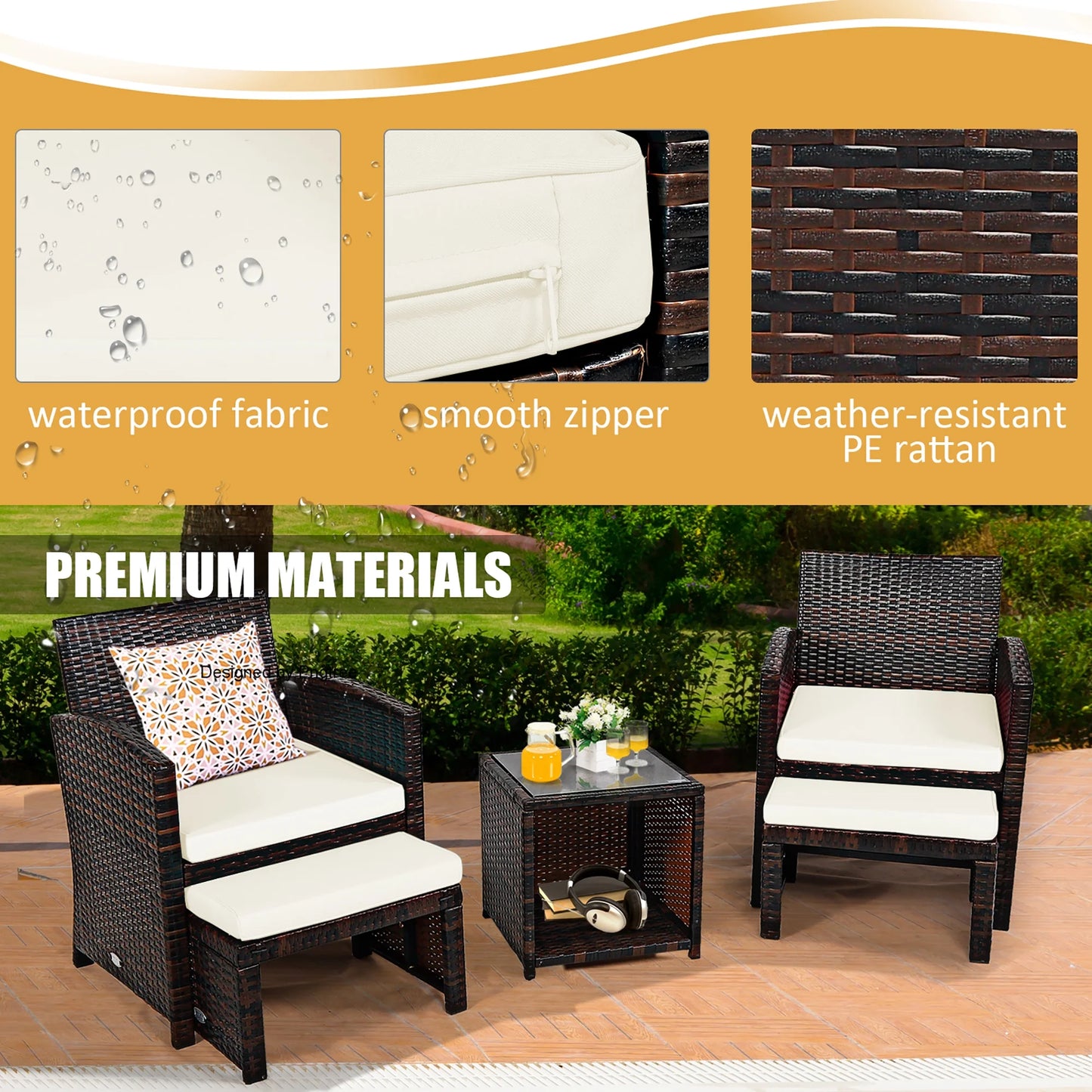 Costway 5PCS Patio Rattan Wicker Furniture Set Sofa Ottoman W/Cushions White