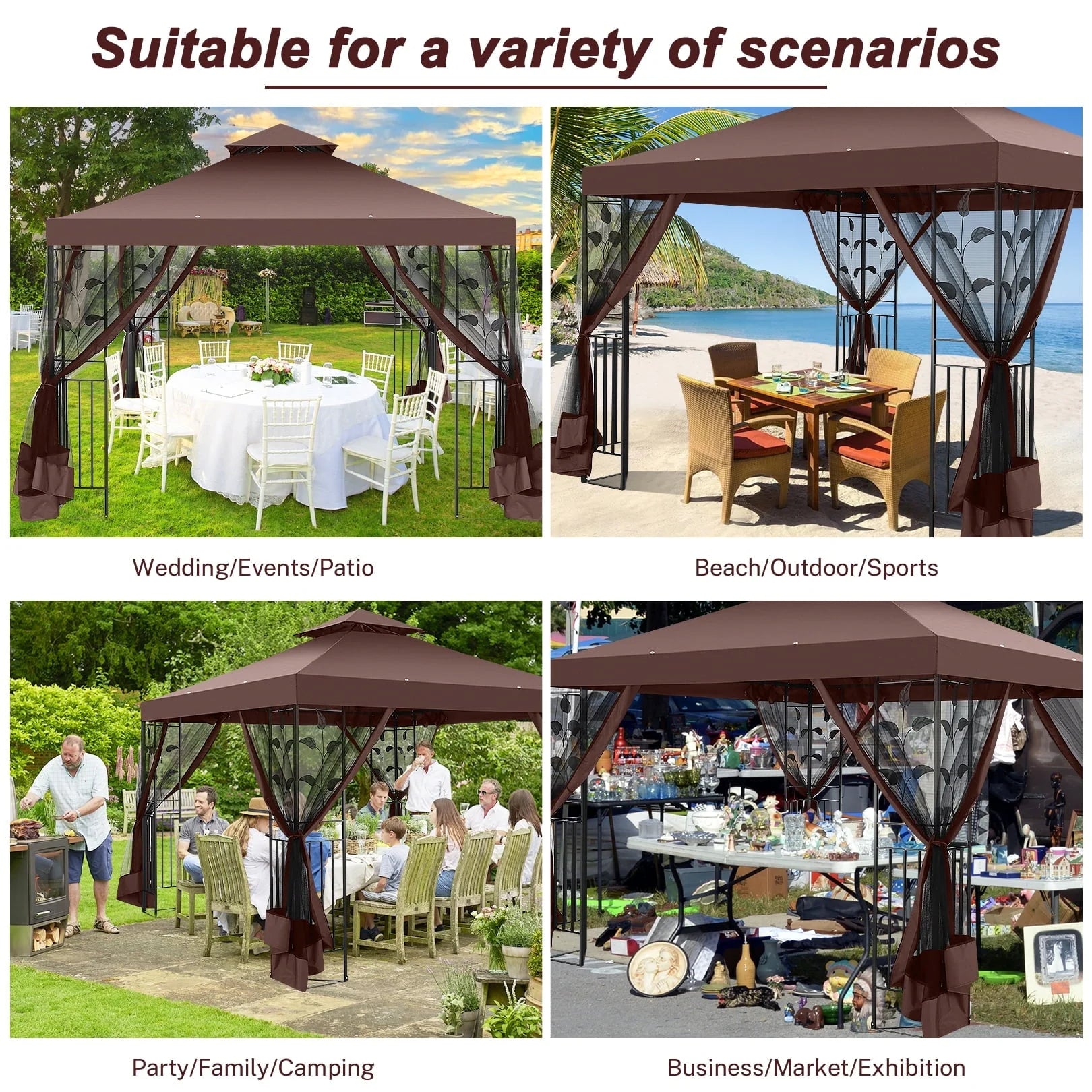 SANOPY Outdoor Gazebo Canopy with 4 Detachable Mosquito Nets, UV and Rainproof Gazebo Patio Easy to Assemble with Double Eaves, Top Drainage Hole Design, Suit for Terrace, Lawn, Garden