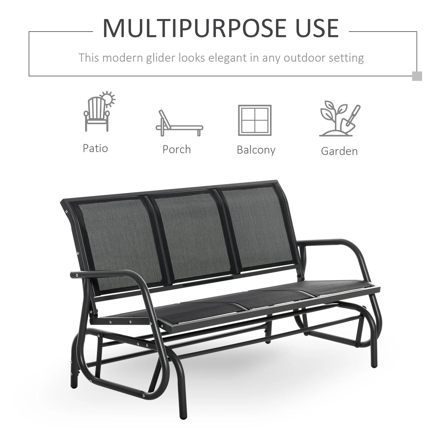 Outsunny Patio Glider Bench, Outdoor Porch Glider Swing with 3 Seats, Breathable Mesh Fabric, Metal Frame, Black