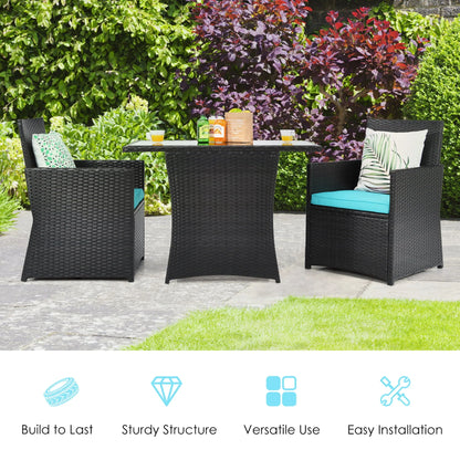 Gymax 3PCS Patio Wicker Bistro Set PE Rattan Dining Table Set w/Turquoise Cushions