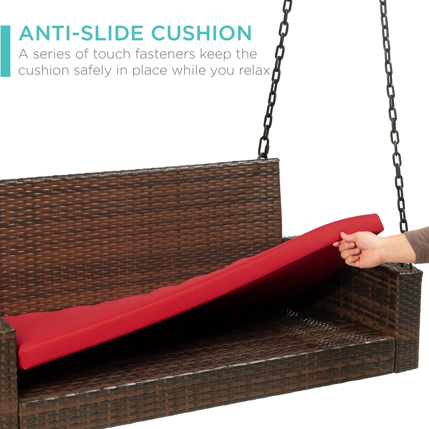 Best Choice Products Woven Wicker Hanging Porch Swing Bench for Patio, Deck w/Mounting Chains, Seat Cushion - Gray/Navy