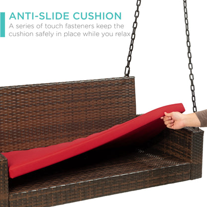 Best Choice Products Woven Wicker Hanging Porch Swing Bench for Patio, Deck w/Mounting Chains, Seat Cushion - Gray/Navy