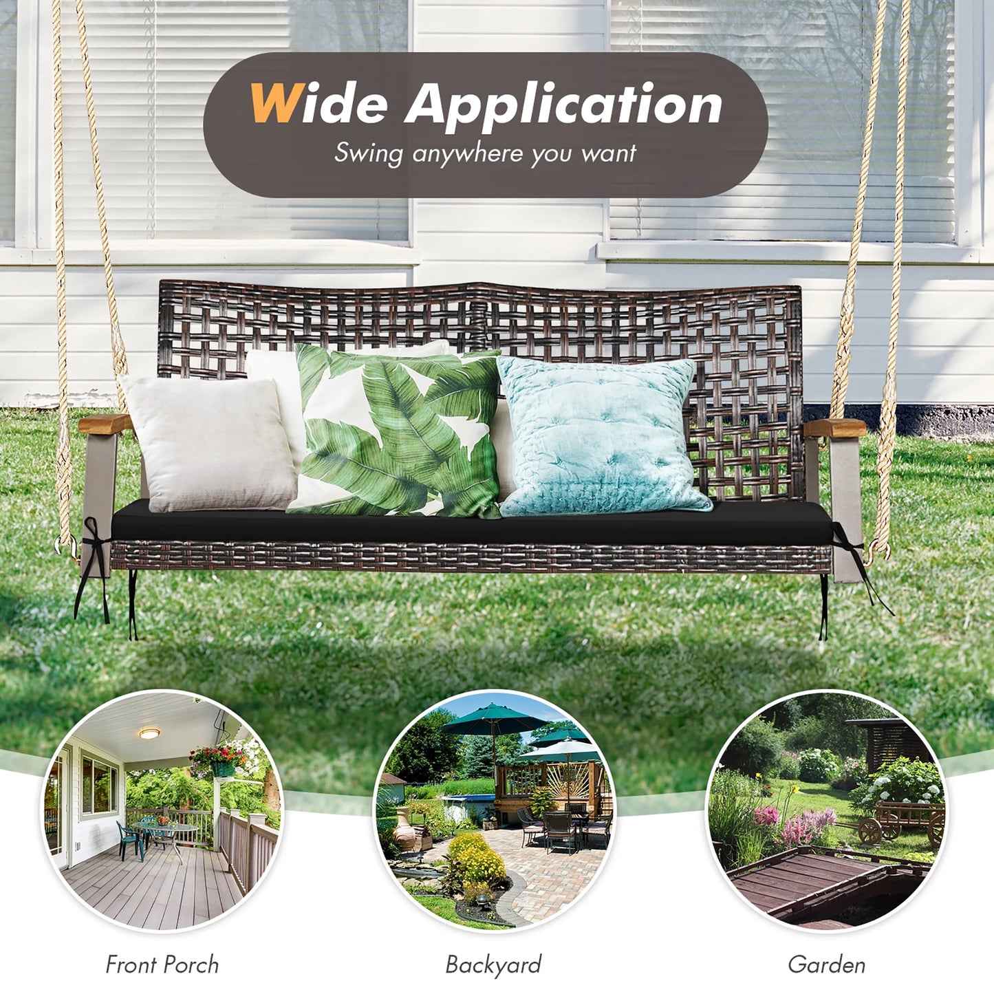 Costway 2-Person Patio Rattan Hanging Swing Chair Porch Loveseat Cushion Black