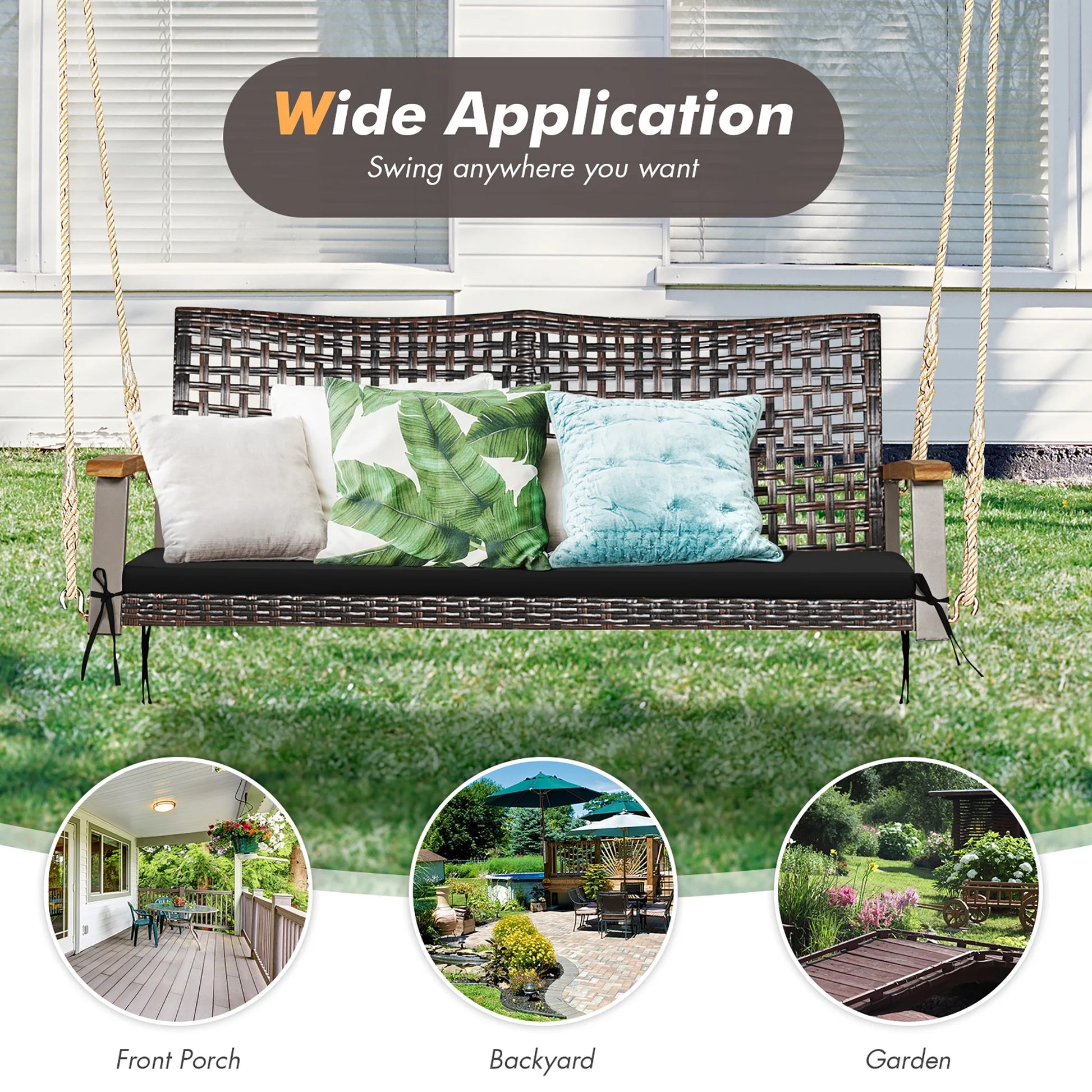 Costway 2-Person Patio Rattan Hanging Swing Chair Porch Loveseat Cushion Black