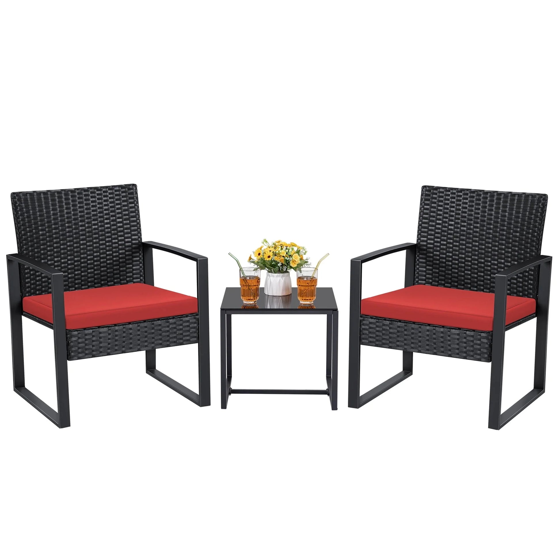 Lacoo 3 Pieces Patio Indoor Conversation Set Cushioned PE Rattan Bistro Chairs Set of 2 with Coffee Table, Black/Red