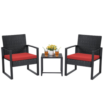 Lacoo 3 Pieces Patio Indoor Conversation Set Cushioned PE Rattan Bistro Chairs Set of 2 with Coffee Table, Black/Red