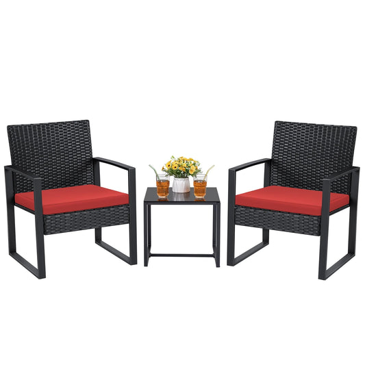 Lacoo 3 Pieces Patio Indoor Conversation Set Cushioned PE Rattan Bistro Chairs Set of 2 with Coffee Table, Black/Red