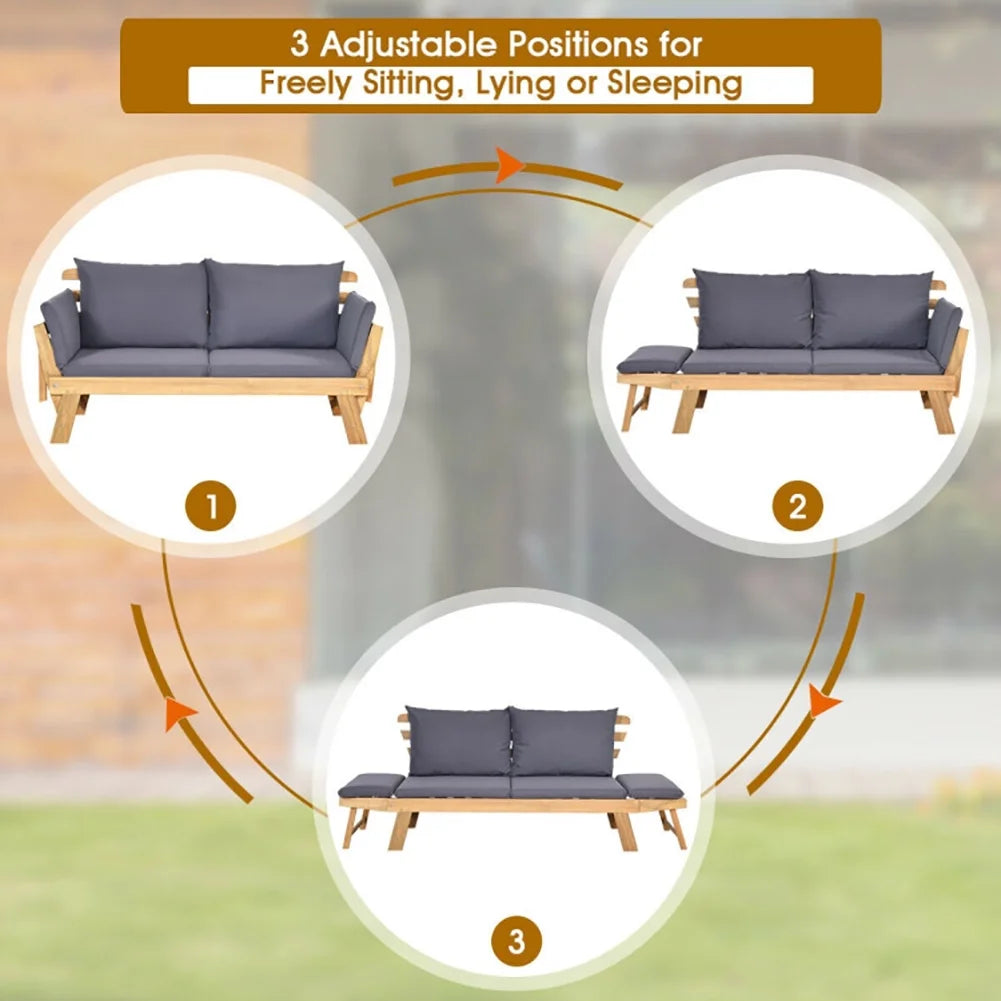 Canddidliike Patio Convertible Solid Wood Sofa with Cushion, Wood Frame Sofa, Sectional Sofa Set Ottoman