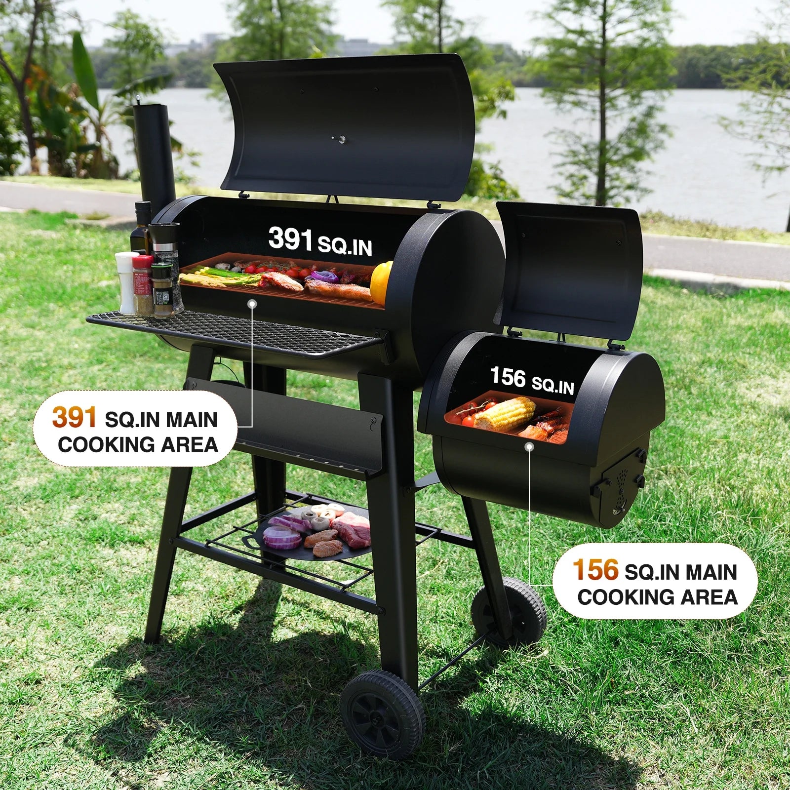 KingChii Heavy Duty Charcoal Grills with Charcoal Wood Offset Smokers for Outdoor Patio BBQ Grilling, 547 SQ.IN.