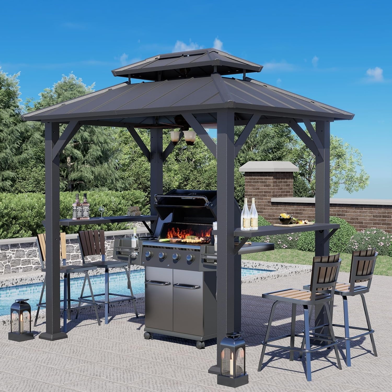 SOLUMIA 8'x6' Grill Gazebo with Double Roof, Aluminum Frame, Side Shelves, Galvanized Steel, for Patio, Backyard, Black