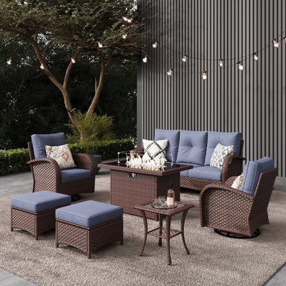 LayinSun 7 Pieces Outdoor Patio Furniture Set with Fire Pit Table, Rattan Wicker Sectional Swivel Rocker Chairs Sets