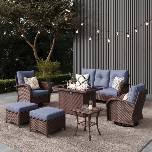 LayinSun 7 Pieces Outdoor Patio Furniture Set with Fire Pit Table, Rattan Wicker Sectional Swivel Rocker Chairs Sets