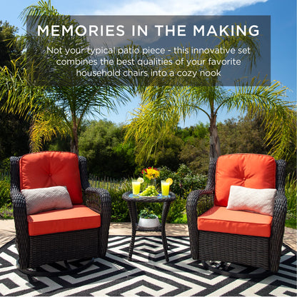 Best Choice Products 3-Piece Patio Wicker Bistro Furniture Set w/2 Cushioned Swivel Rocking Chairs, Side Table - Rust