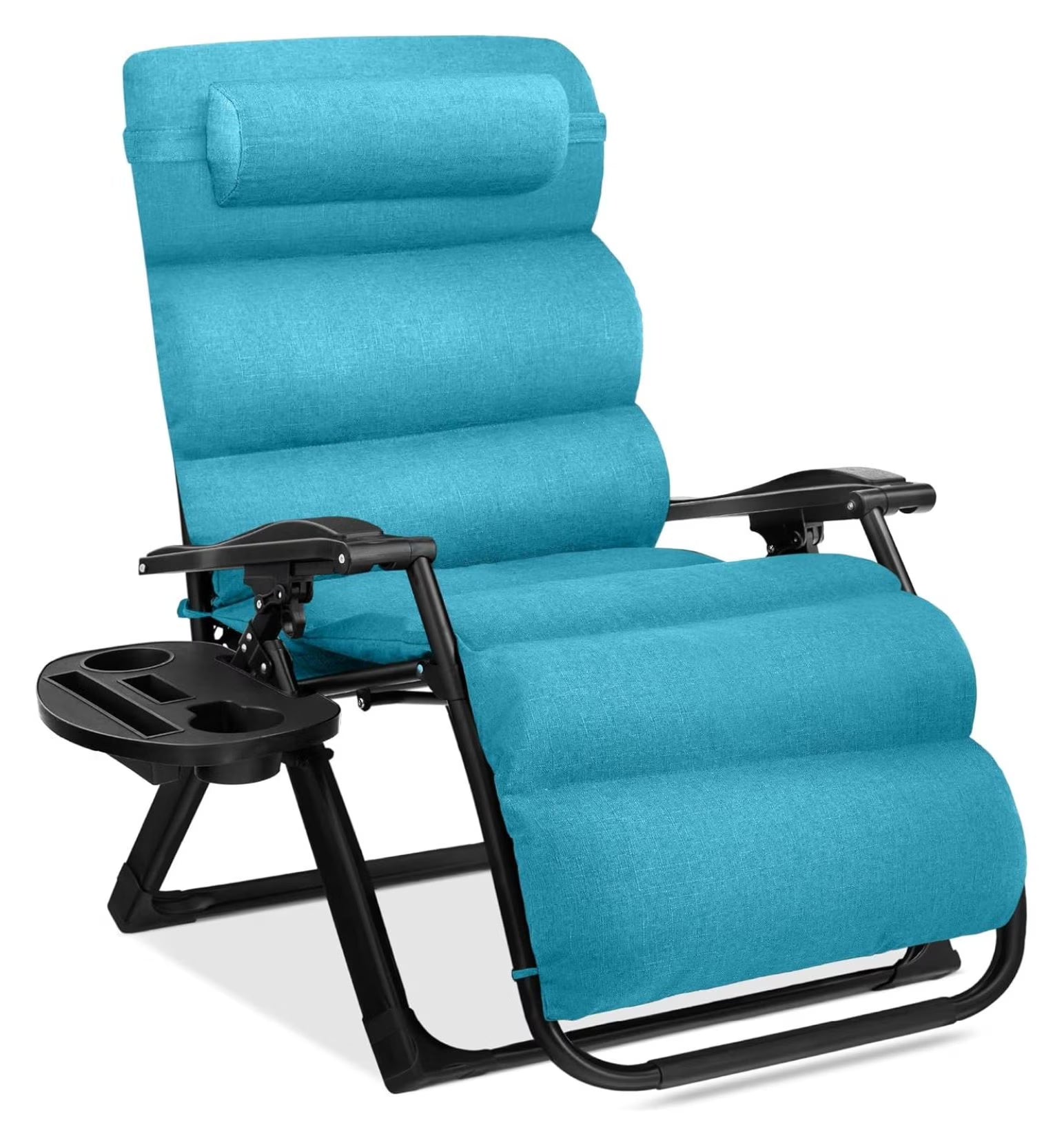 Oversized Chair, Folding Outdoor Patio Recliner, XL Anti Gravity Lounger w/Removable Cushion, Cup Holder, Side Tray, 350lb Capacity - Taupe