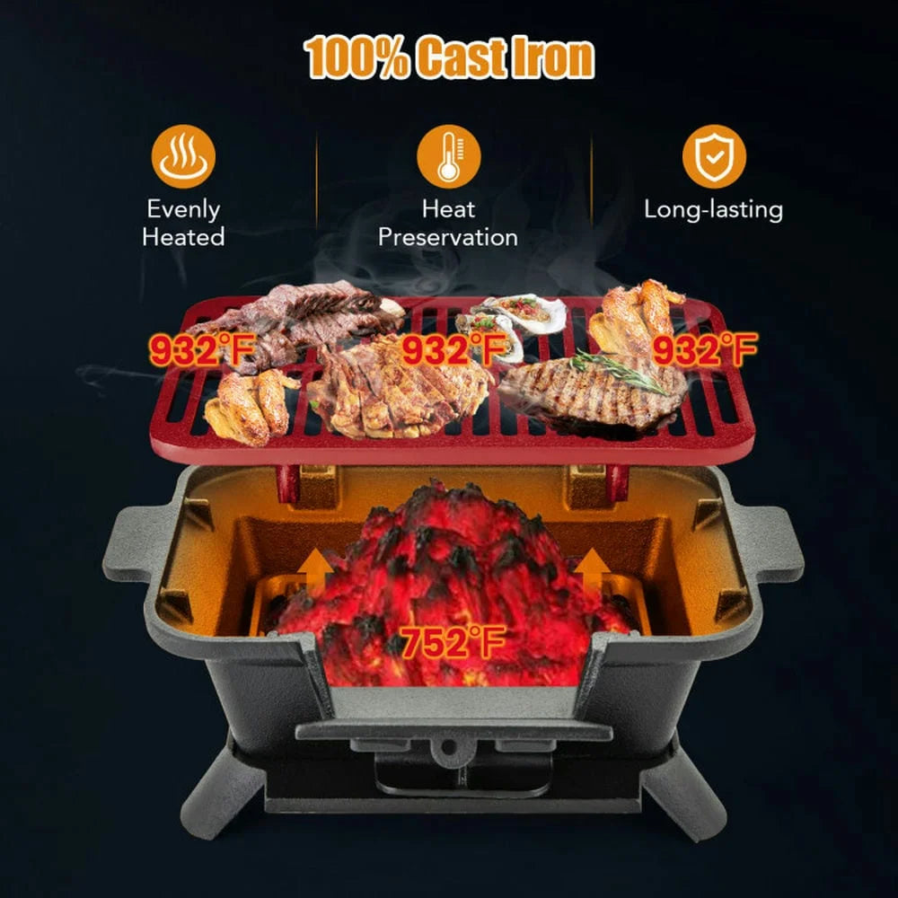 Aimee Lii 100% Cast Iron Hibachi Grill with Grill Grate Lifter, Outdoor Grill for Patio Garden