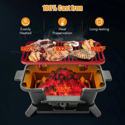 Aimee Lii 100% Cast Iron Hibachi Grill with Grill Grate Lifter, Outdoor Grill for Patio Garden