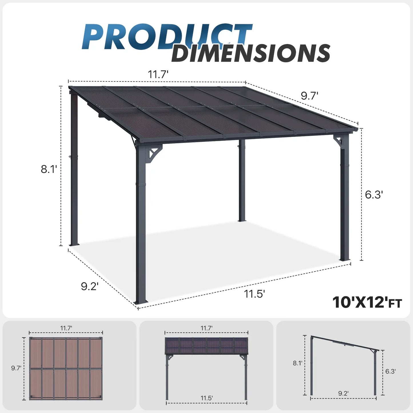 Sumnthink 10'x12' Gazebo for Patio, Gazebo Pergola with Sloped Roof, Large Wall-Mounted Heavy Duty Awnings, for Patio, Deck and Backyard