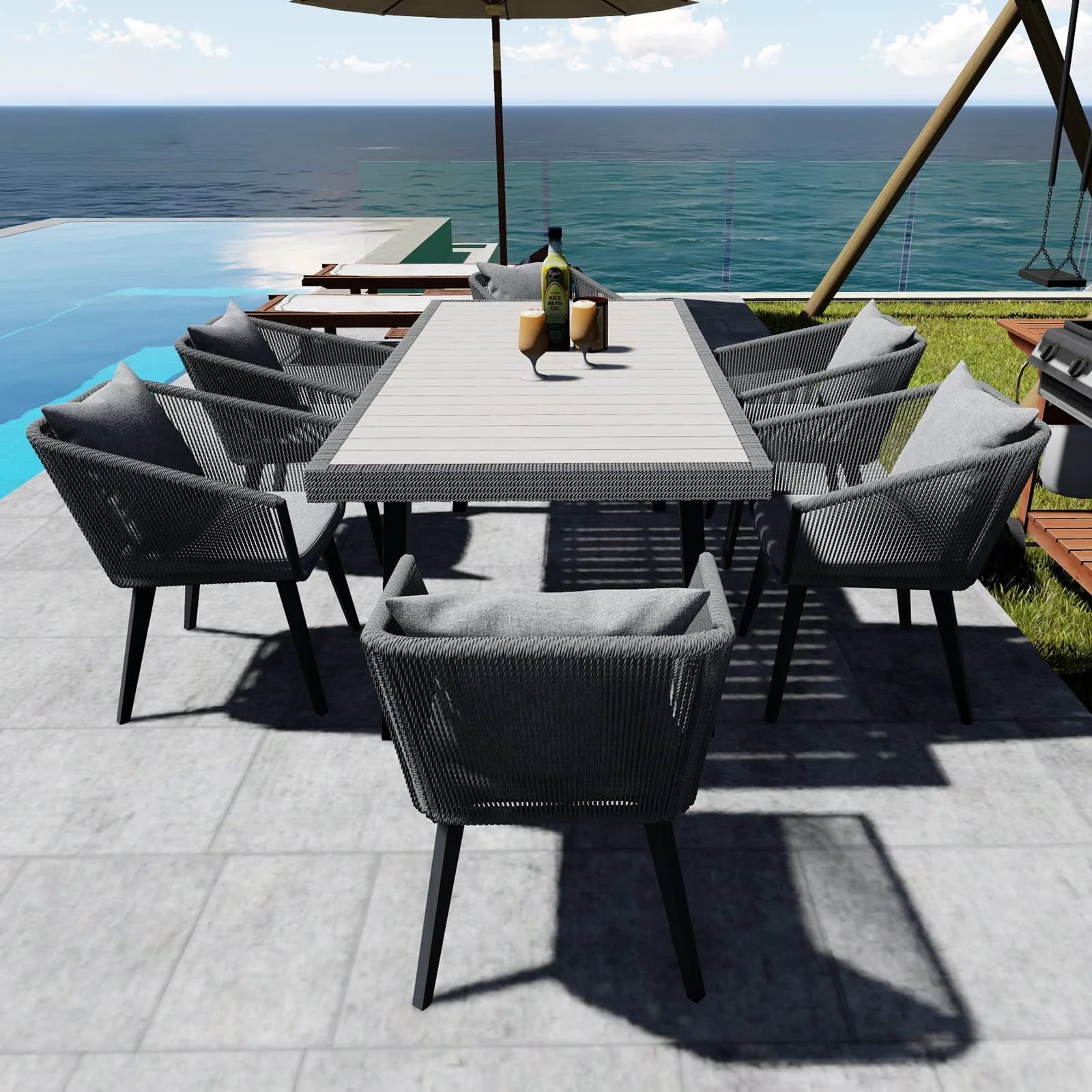 7-Piece Patio Dining Set for 6 - Wicker All Weather Outdoor Furniture with Cushions & Pillows, Grey, Modern Outdoor Table & Chairs Set