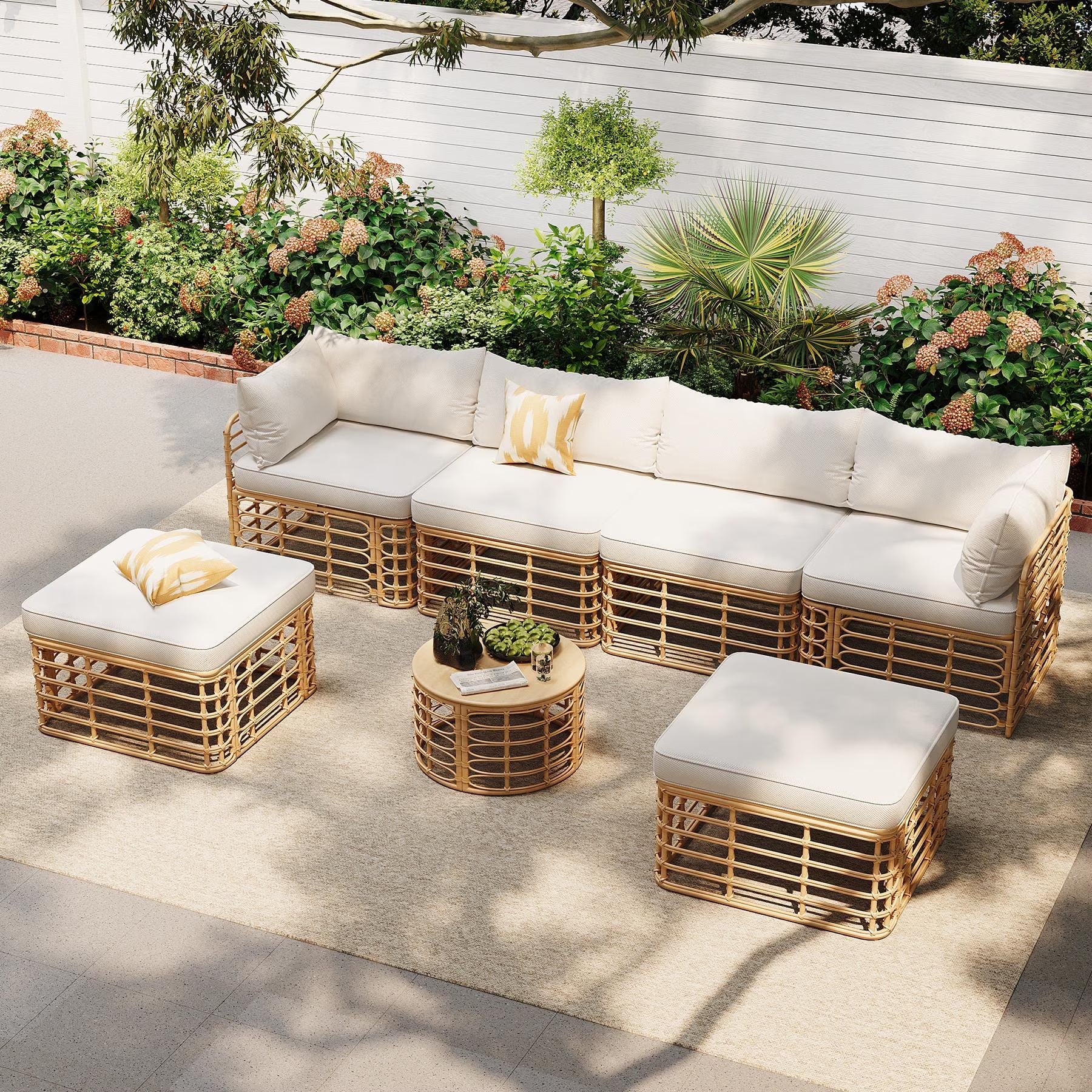 7 Pieces Patio Furniture Set, Wicker Sectional Table and Chairs Sets, Patio Conversation Set with Sectional Chaise Longue, Coffee Table, Suitable for Porch Backyard Garden, Beige