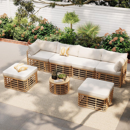 7 Pieces Patio Furniture Set, Wicker Sectional Table and Chairs Sets, Patio Conversation Set with Sectional Chaise Longue, Coffee Table, Suitable for Porch Backyard Garden, Beige
